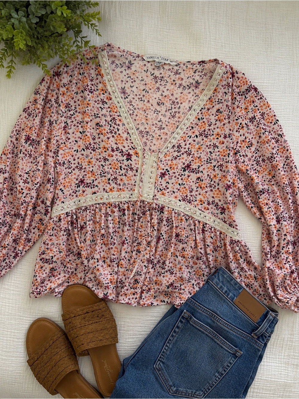 Vanilla Star XL Floral Boho Peplum Blouse | Long Sleeve Cottagecore Top